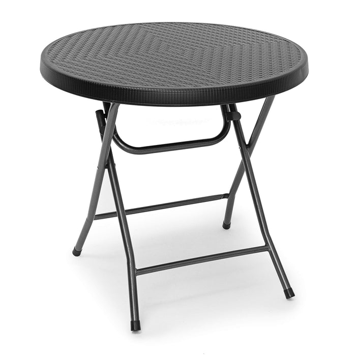 Relaxdays BASTIAN okrągły stół tarasowy, składany, 74 x 80 x 80 cm, składany stół na podwórko, balkon lub ganek z metalową ramą, stolik pomocniczy o wyglądzie rattanu lub stół kempingowy, czarny