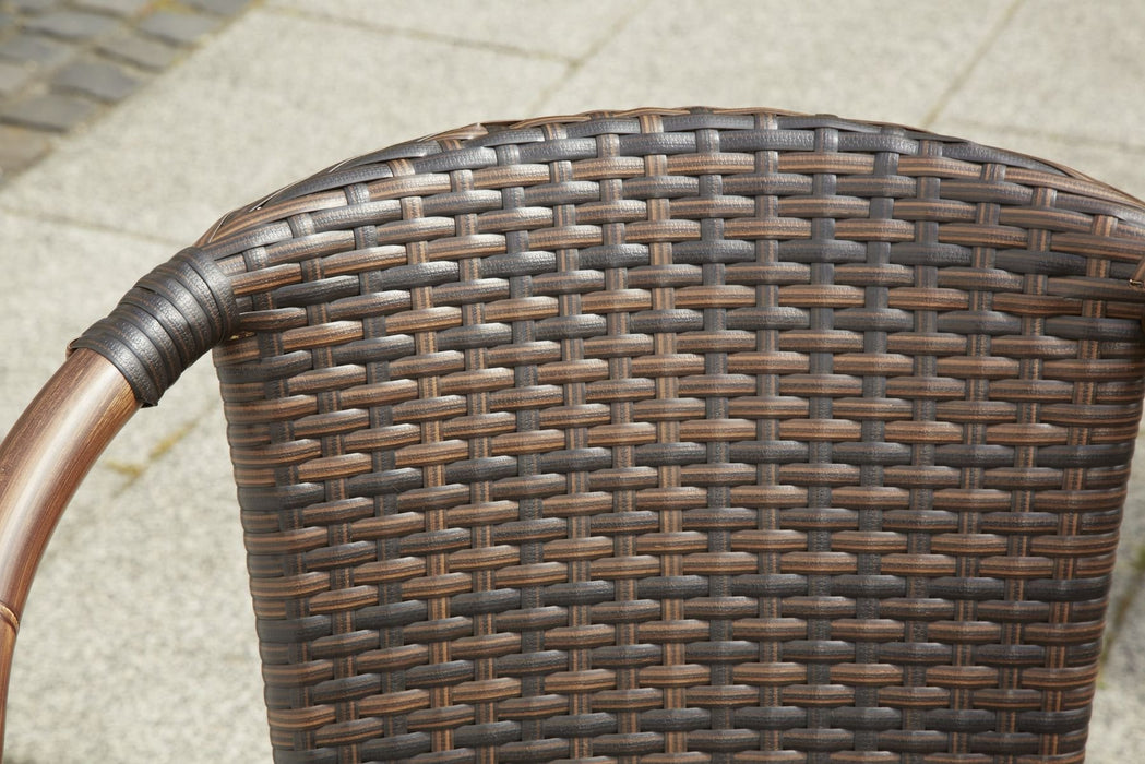 greemotion Fotel bistro Laos brązowy dwukolorowy, możliwość układania w stos, wytrzymały oplot polietylenowy, odporny na warunki atmosferyczne i łatwy w pielęgnacji