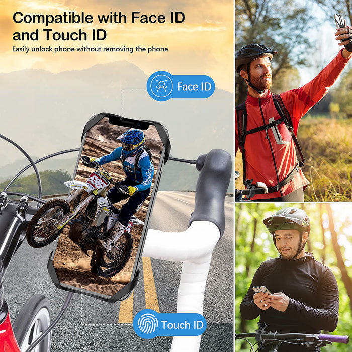 Rouclo Uniwersalny uchwyt na telefon komórkowy, rower lub motocykl, obracany o 360°, zdejmowany uchwyt rowerowy, stabilny uchwyt do smartfona o przekątnej 4,5-7,0 cala