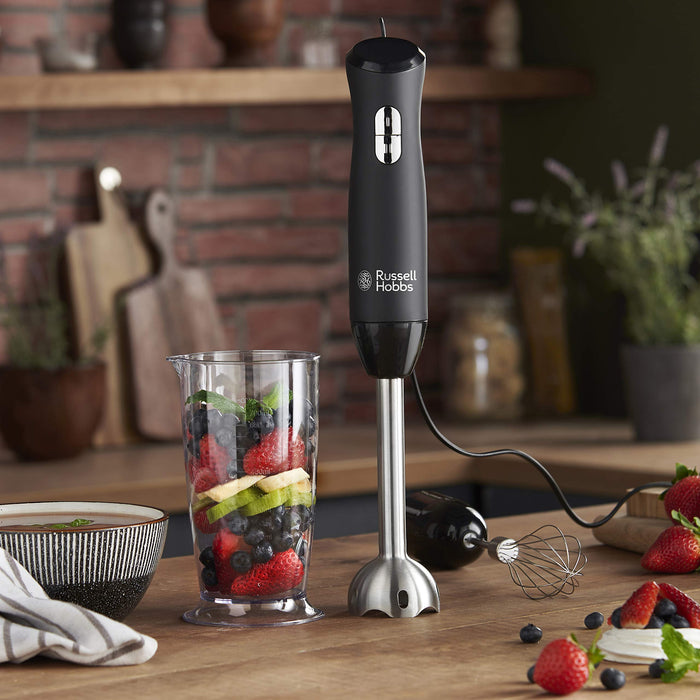 Russell Hobbs blender ręczny, 3w1, nasadka miksująca, pojemnik z ostrzem miksującym, pojemność pojemników 0,5l i 0,7l, ubijanie, mieszanie, moc 500W, czarny, Matte Black 24702-56