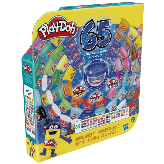Kolorowa superkolekcja ciastoliny Play-Doh, zestaw 65 małych tub po 28 g nietoksycznej masy plastycznej, zawiera różne rodzaje ciastoliny: szafirową, błyszczącą, konfetti
