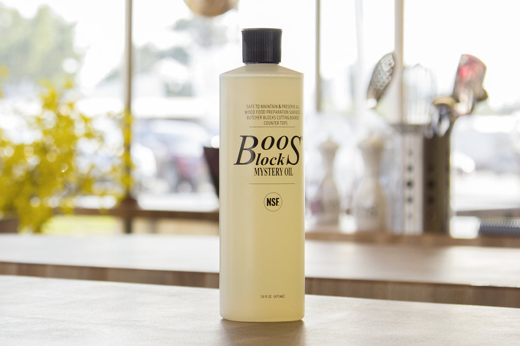 Boos Blocks® MYSCRM Mystery Oil krem do pielęgnacji twarzy i brody firmy John Boos, butelka 473 ml Mystery Oil (olej do drewna) i tubka 148 ml (olej do drewna z woskiem pszczelim)