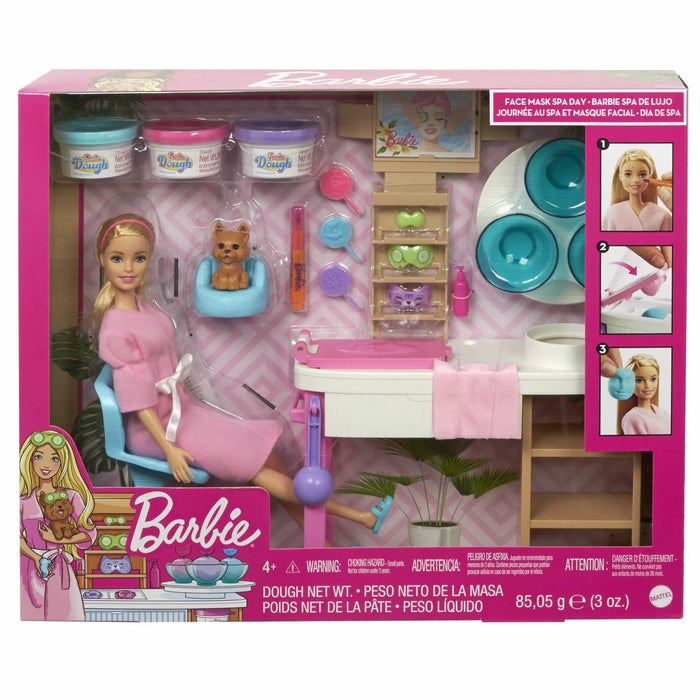 Barbie, Salon Spa Maseczka Na Twarz Zestaw Do Zabawy Z Lalką Blondynką, Szczeniaczkiem, Akcesoriami I Masą Plastyczną GJR84