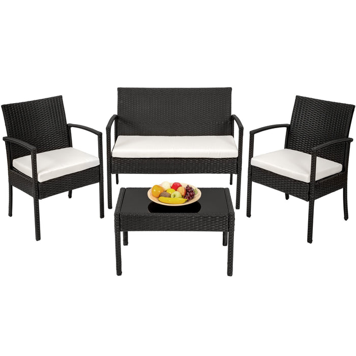 TecTake 800138 zestaw mebli ogrodowych z polirattanu, 2 krzesła, ławka + stół z szklanym blatem, zestaw wypoczynkowy do ogrodu, na taras i balkon (czarny)