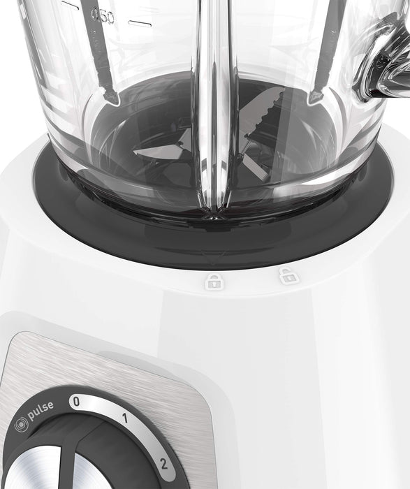Krups KB4351 Blendforce+ mikser stojący; 800 W; szklany pojemnik o pojemności 1,75 l; 6 noży z technologią Powelix; 2 prędkości + puls; funkcja kruszenia lodu; technologia "Smart-Lock", kolor biały