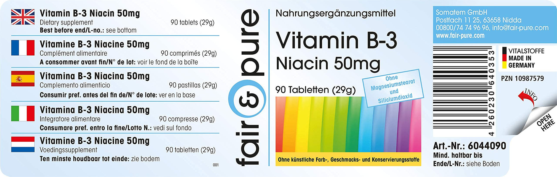 Witamina B3 Tabletki - Niacyna 50mg jak Nikotynamid - bez spłukiwania - wegańskie - bez stearynianu magnezu - 90 tabletek Niacyny