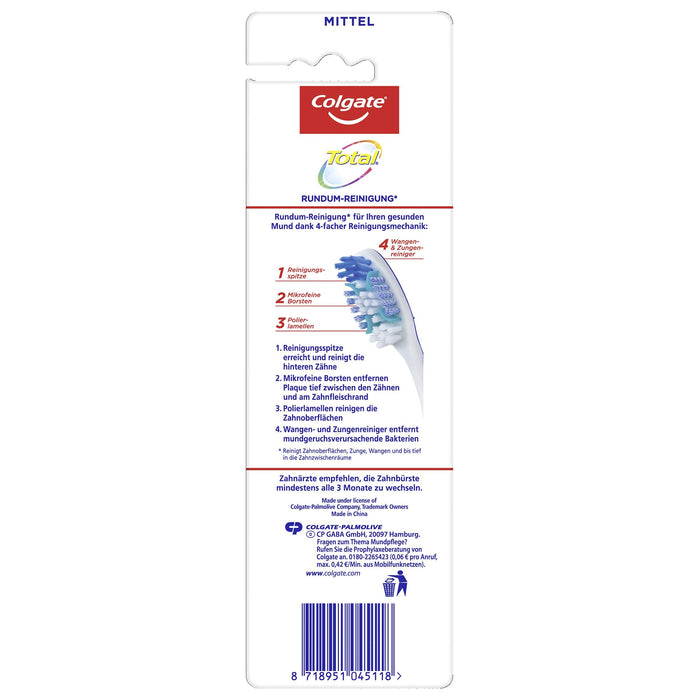 Colgate Szczoteczka do zębów Total środek czyszczący, zestaw 2 szt. – ręczna szczoteczka do zębów czyści powierzchnie zębów, języki, policzki i głęboko w przestrzeni między zębami