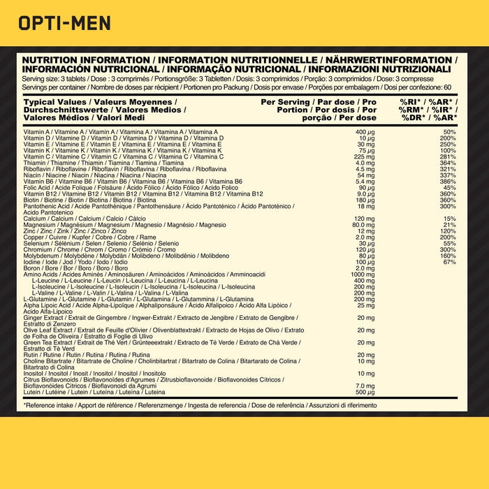 Optimum Nutrition Opti-Men suplementy multiwitaminy dla mężczyzn z witaminą D, witaminą C, witaminą A i aminokwasami, 60 porcji, 180 kapsułek