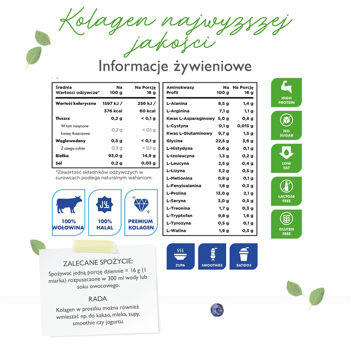 Kolagen w proszku 600 g - Premium: 100% peptydów hydrolizatu kolagenu wołowego z Protesol D - Neutralny smak - Bez dodatków - Kolagen typu 1 2 3