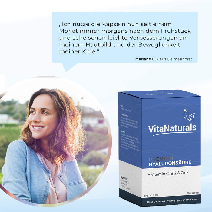 Kapsułki kwasu hialuronowego – 400 mg | zwycięzca ceny 2020 | 500-700 kDA | kompleks witaminowy | dla mężczyzn i kobiet | B12, C, cynk | wystarcza na 3 miesiące – do stawów, skóry i przeciwstarzeniowych