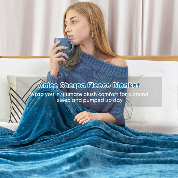 Anjee Sherpa koc polarowy, dwustronny, super miękki koc dwustronny, ciepły i lekki koc dekoracyjny, niebieski łupek na pojedyncze wymiary 130 x 150 cm(50x60 inch)