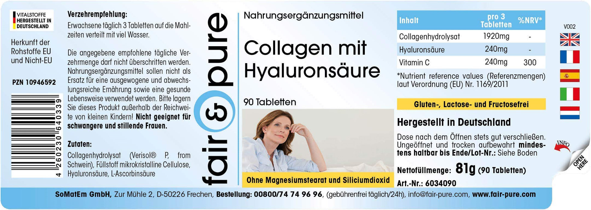 Tabletki kolagenowe 640mg z kwasem hialuronowym 80mg i witaminą C 80mg - bez stearynianu magnezu - hydrolizat kolagenu - 90 tabletek