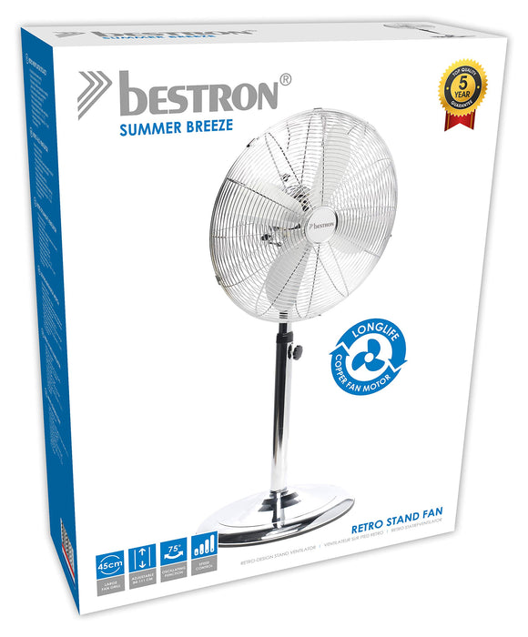Bestron Wentylator stojący z trzema poziomami prędkości, wentylator z funkcją oscylacji 90° i regulacją wysokości do 127 cm, Ø 45 cm, 50 W, DFS45S, kolor: chrom