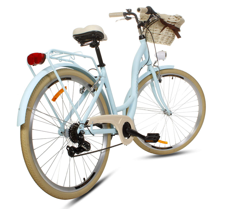 Goetze Mood Alu Damski Rower Miejski, Lekka Damka, 7 Biegów Shimano, Koła 28 Cali, Oświetlenie LED, Kosz Wiklinowy z kolorowym wkładem Gratis!