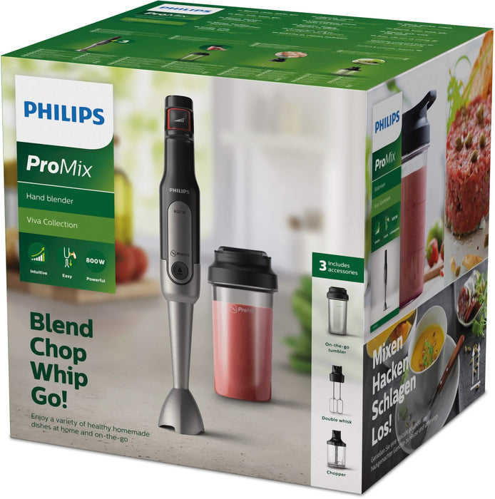 Philips Blender ręczny Viva HR2653/90 (800 W, SpeedTouch, w zestawie butelka do picia 2 w 1, nasadka do miksera ręcznego) stal szlachetna