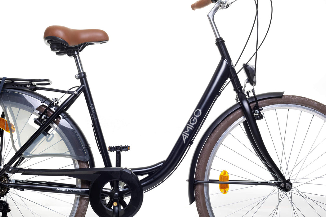 Amigo Styl – rowery miejskie dla kobiet – rower damski 28 cali – odpowiedni dla dzieci od 170 – 175 cm – 6-biegowa przerzutka Shimano – rower miejski z hamulcem ręcznym, oświetleniem i stojakiem na rower – czarny