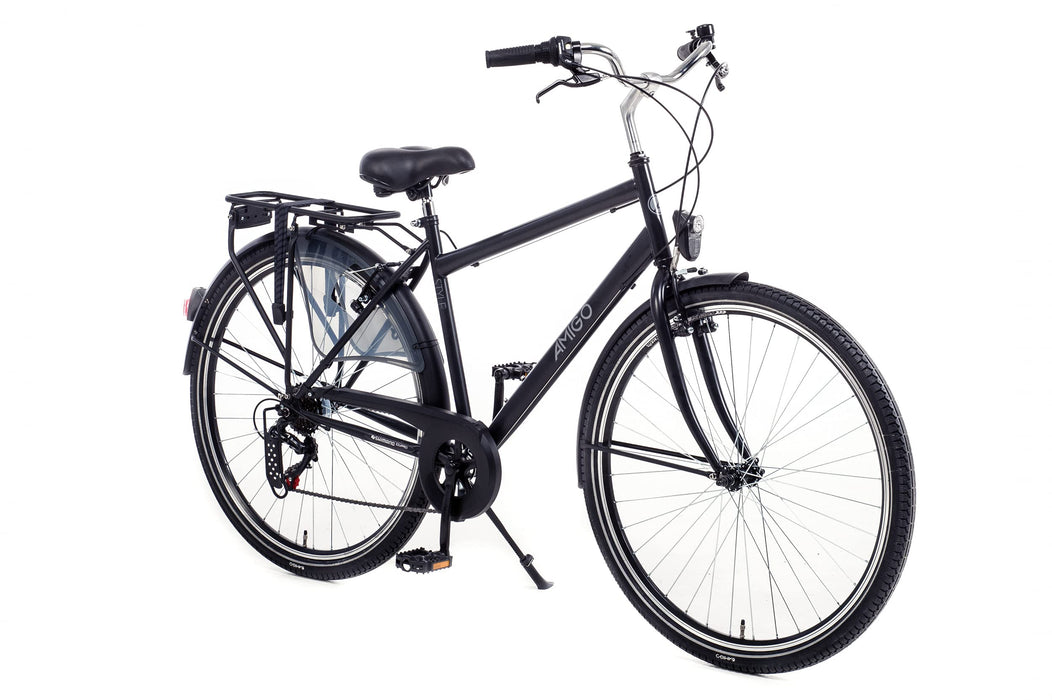 Amigo Styl – rowery miejskie dla mężczyzn – rower męski 28 cali – nadaje się dla dzieci od 180 – 185 cm – 6-biegowa przerzutka Shimano – rower miejski z hamulcem ręcznym, oświetleniem i stojakiem na rower – czarny/szary