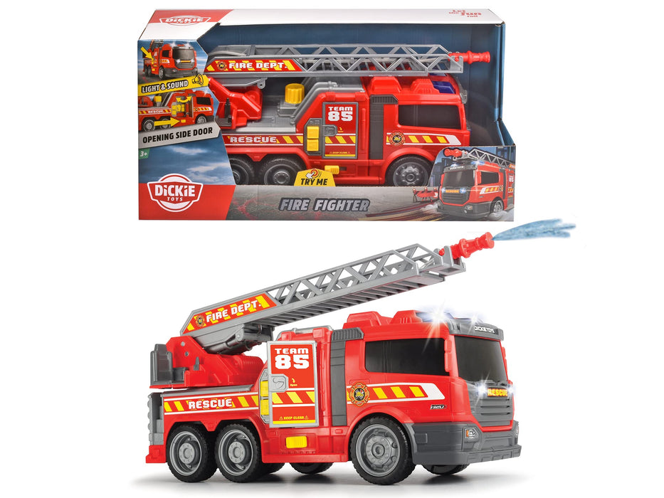 Dickie Toys 203308371 Straż pożarna Fire Fighter 36 cm, migające światła, efekty dźwiękowe, pojazd strażacki i ruchoma drabina, funkcja psikania wodą, trafiony prezent dla dzieci od 3 lat