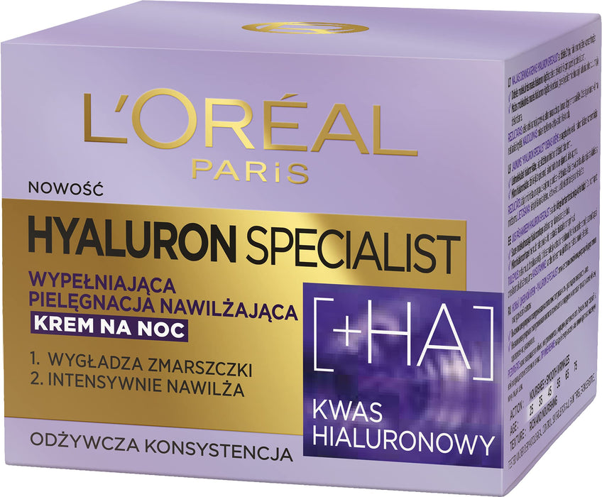 L'Oréal Paris Hyaluron Specialist nawilżający krem do twarzy na noc 25+, dwa rodzaje kwasu hialuronowego, 50 ml