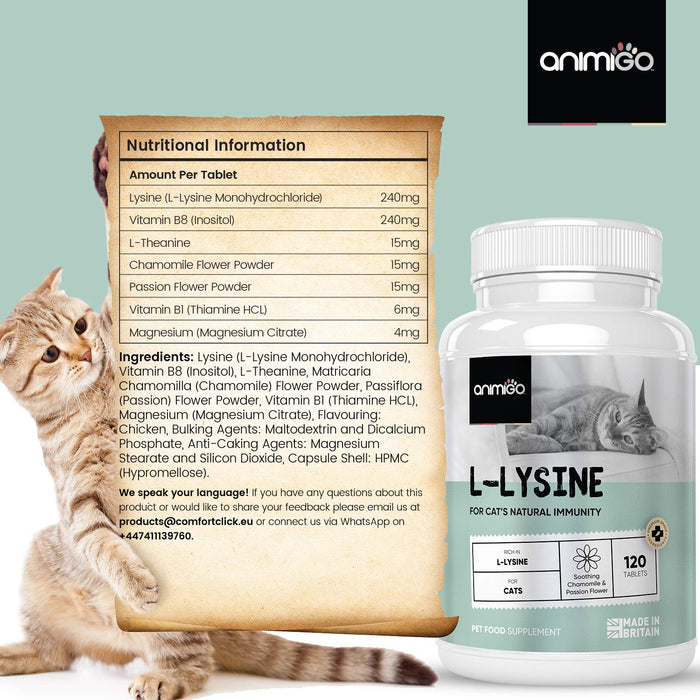 Animigo L-lizyna tabletki dla kotów - 120 tabletek - naturalny suplement karmy dla kotów L-lizyny dla wsparcia odporności i łagodzenia lęku - z kompleksem witaminy B, teaniną, magnezem i rumiankiem - wyprodukowane w Wielkiej Brytanii