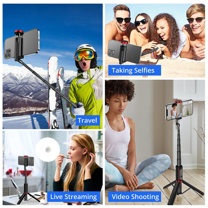 ATUMTEK Statyw do selfie Stick wysuwany 3 w 1 aluminiowy kij do selfie Bluetooth z bezprzewodowym pilotem do iPhone 13/13 Pro/12/11 Pro/XS Max/XS/XR/X/8/7, Samsung Huawei LG Google Sony, czerwony