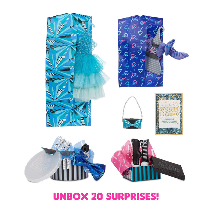LOL Surprise OMG Present Surprise Lalka Modowa Miss Glam - Kolekcjonerska - Odkryj 20 Niespodzianek z Modą i Akcesoriami - Obejmuje Buty, Szczotkę Do Włosów, Torbę Na Ubrania i Nie Tylko