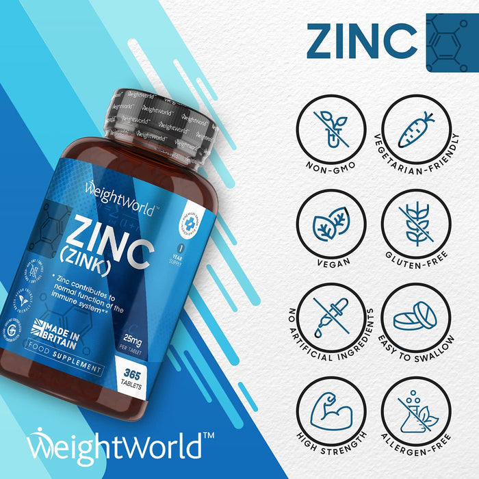 Cynk w tabletkach 25mg - 365 wegańskich tabletek (1 rok dostaw) Naturalny suplement cynku o wysokiej mocy dla układu odpornościowego, metabolizmu i zdrowia włosów, skóry i kości, łatwe do przyjmowania tabletki cynku - Made In Britain
