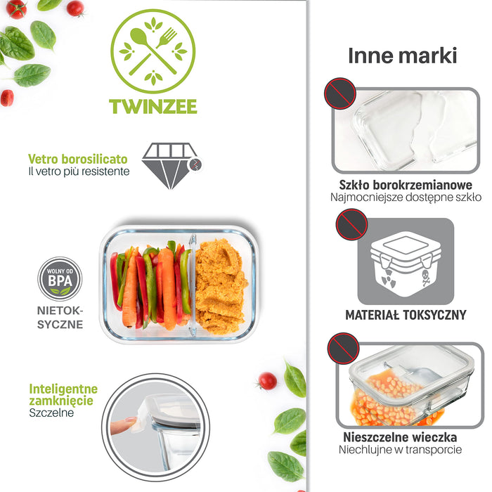 Twinzee Pojemniki na żywność ze szkła, zestaw 4 sztuk, 1040 ml, szczelne, na lunch, 2 hermetyczne przegródki, nie zawierają BPA, szklane pudełka na żywność