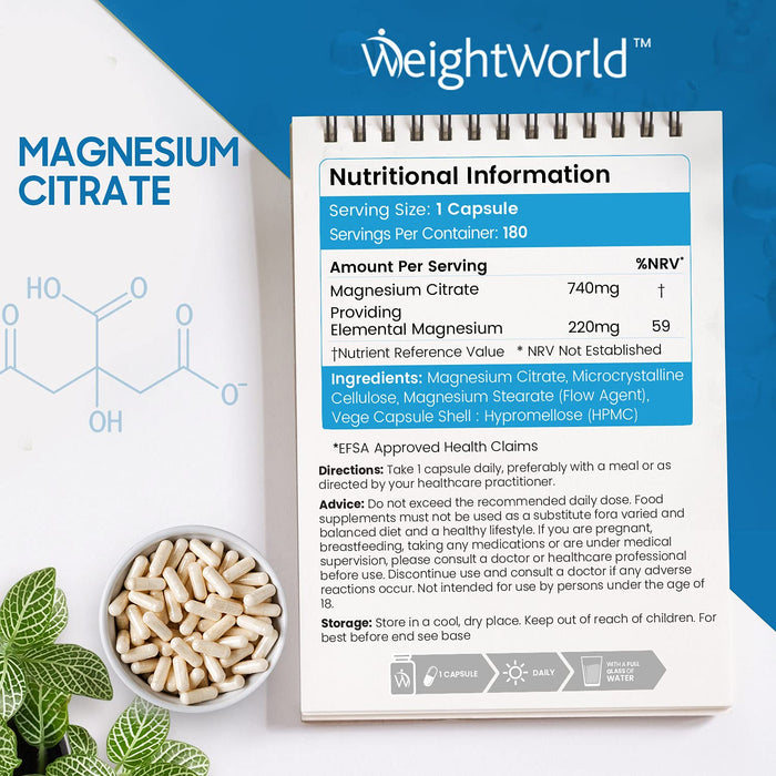 Cytrynian Magnezu Suplement - 740mg - 180 wegańskie kapsułki nie tabletki (6 miesięcy dostaw) - 220mg elementarny cytrynian magnezu, energia, zdrowie mięśni, zdrowie mózgu, metabolizm