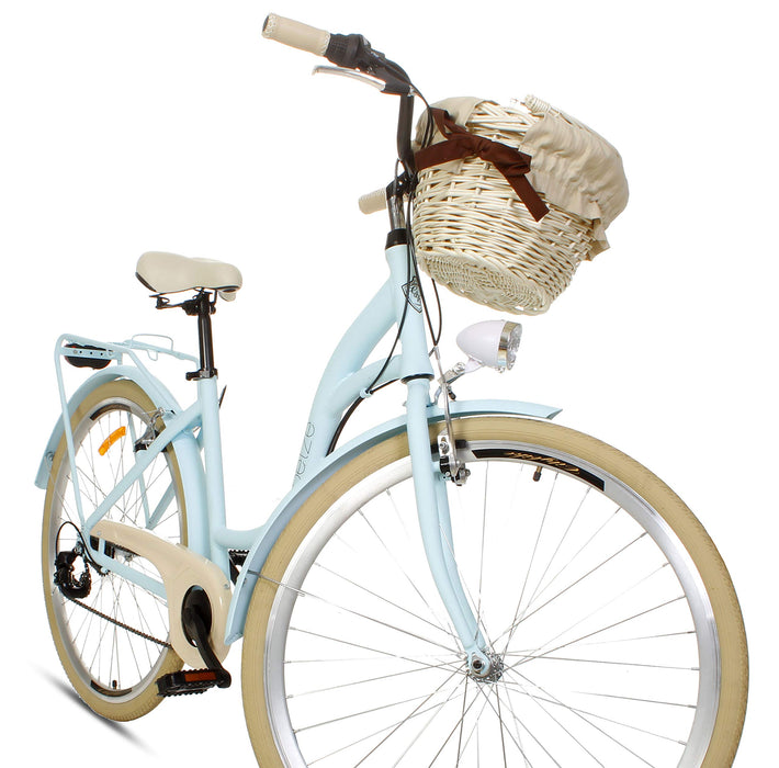 Goetze Mood Alu Damski Rower Miejski, Lekka Damka, 7 Biegów Shimano, Koła 28 Cali, Oświetlenie LED, Kosz Wiklinowy z kolorowym wkładem Gratis!