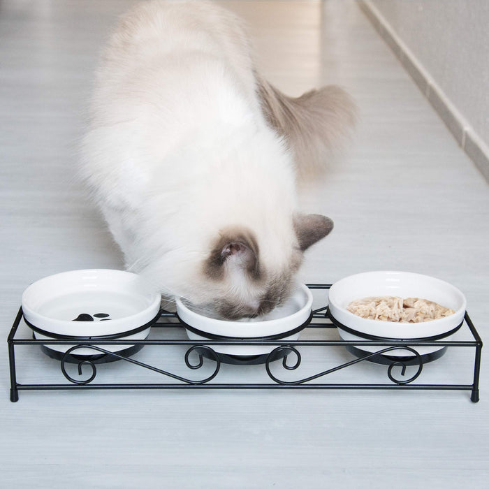 Navaris 3 x miska ceramiczna z metalowym stojakiem – miska dla kotów, 3 sztuki w zestawie – podwyższona miska na karmę, dla kota, psa – miska w kolorze czarno-białym