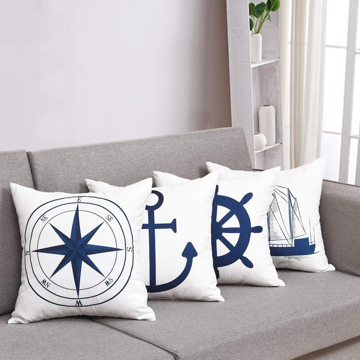 Elloevn Niebieskie morskie poszewki na poduszki, zestaw 4 dekoracyjnych poszewek na poduszkę kotwica statek nawigacja wzór kompas 45 x 45 cm ozdobne poszewki na poduszki w stylu marynarskim, dekoracyjne poduszki na sofę, białe i niebieskie