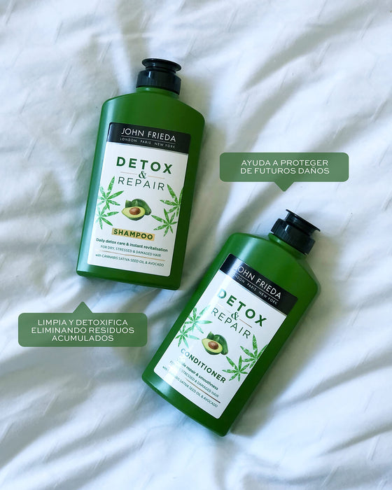 John Frieda Detox & Repair szampon do suchych, zniszczonych i uszkodzonych włosów, z olejkiem z awokado i zieloną herbatą, 250 ml