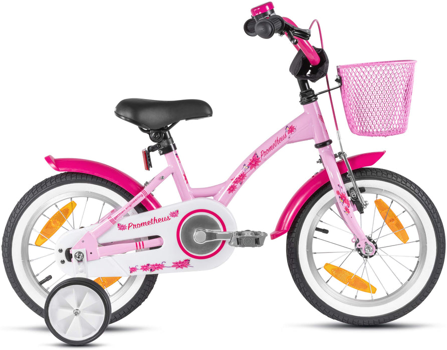 Prometheus rower dziewczęcy 14 cali z kółkami podporowymi, rower dla dzieci w wieku od 3 do 4 lat, dla dziewcząt, z pedałem 14 cali, model w kolorze różowym
