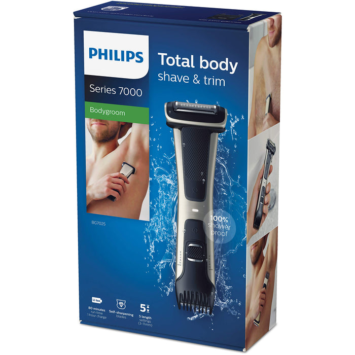 Philips Golarka do ciała z serii 7000 do stosowania pod prysznicem, Przyjazna skórze golarka, Dwustronna konstrukcja, Golarka 4-D dopasowująca się do ciała, Wbudowany trymer (3-11 mm), BG7025/15