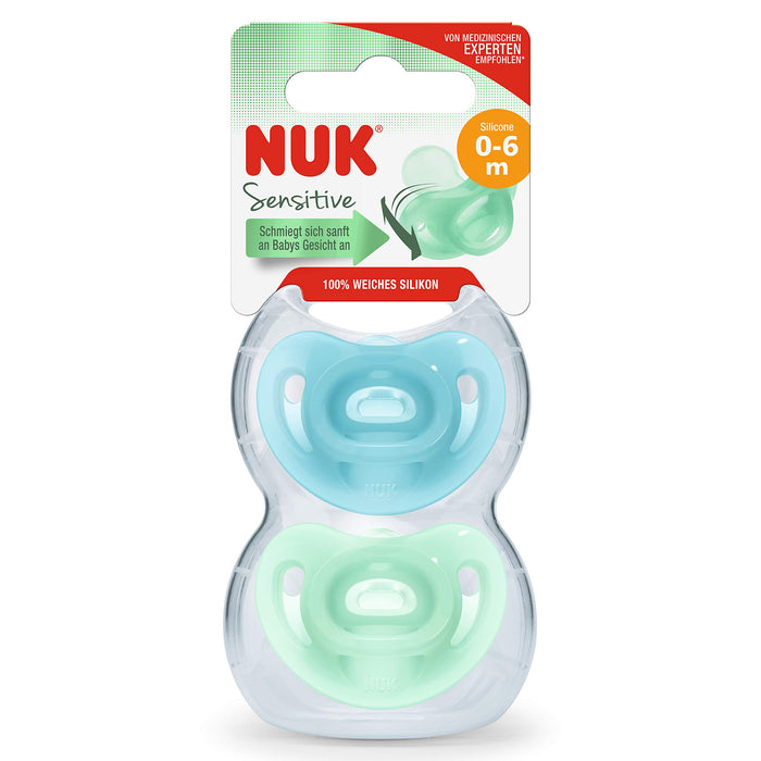NUK Smoczek Sensitive | 0-6 miesięcy | 100% silikon dla delikatnej skóry | nie zawiera BPA | niebieski i zielony | 2 sztuki