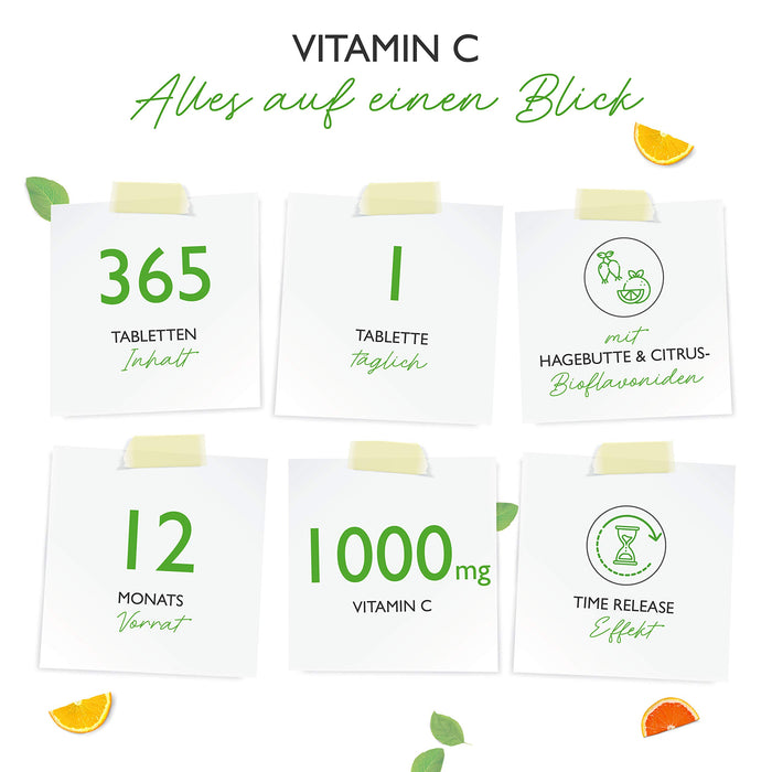Witamina C 1000 mg – 365 tabletek na roczny zapas – powoli uwalniania – sprawdzona laboratoryjnie – witamina C + ekstrakt z dzikiej róży, bioflawonoidy cytrusowe – wegańskie – duża dawka