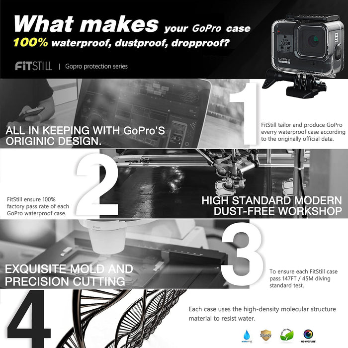 FitStill Wodoodporna obudowa do GoPro Hero 8 Black, ochronna obudowa do nurkowania 60 m obudowa z uchwytem akcesoria do kamery Go Pro Hero8 Action