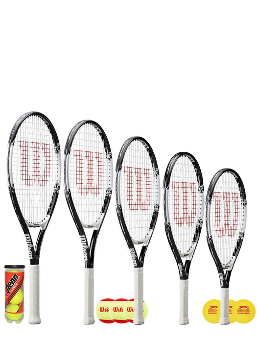 Wilson Federer rakieta tenisowa Junior + 3 piłki tenisowe (różne opcje piłek) 48 cm, 53 cm, 58 cm, 63 cm i 66 cm
