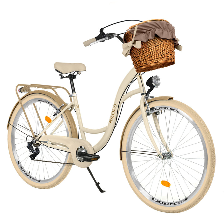 Komfortowy rower miejski, z wiklinowym koszem, damski rower holenderski, 28 cali, kremowo-brązowy, 7-biegowy Shimano
