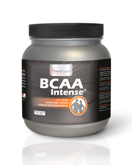 SanaExpert BCAA Intense, aminokwasy 2: 1: 1, L-leucyna, L-walina i L-izoleucyna, proszek na 38 porcji napoju sportowego, aromat brzoskwiniowy, 500 g