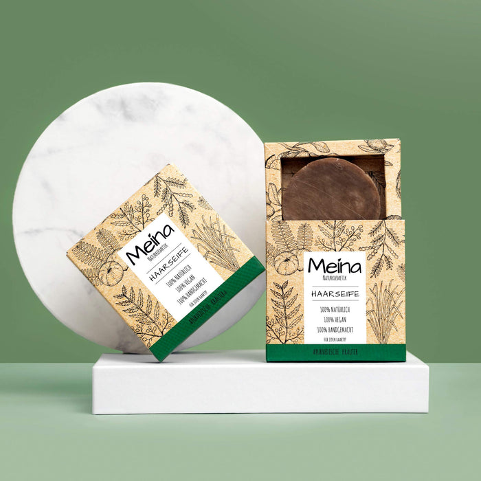 Meina - Bio mydło do włosów, naturalny kosmetyk, wegański szampon Bar z ziołami ajurwedyjskimi, stały szampon – bez oleju palmowego, bez plastiku (1 x 80 g)