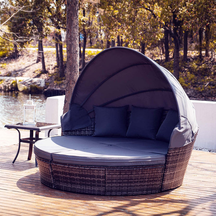 VONLUCE 4-częściowa wyspa przeciwsłoneczna ze składanym dachem przeciwsłonecznym pokrowiec przeciwdeszczowy meble rattanowe z poduszkami i nakładkami leżak ogrodowy z polirattanu Sunbed Mebel ogrodowy
