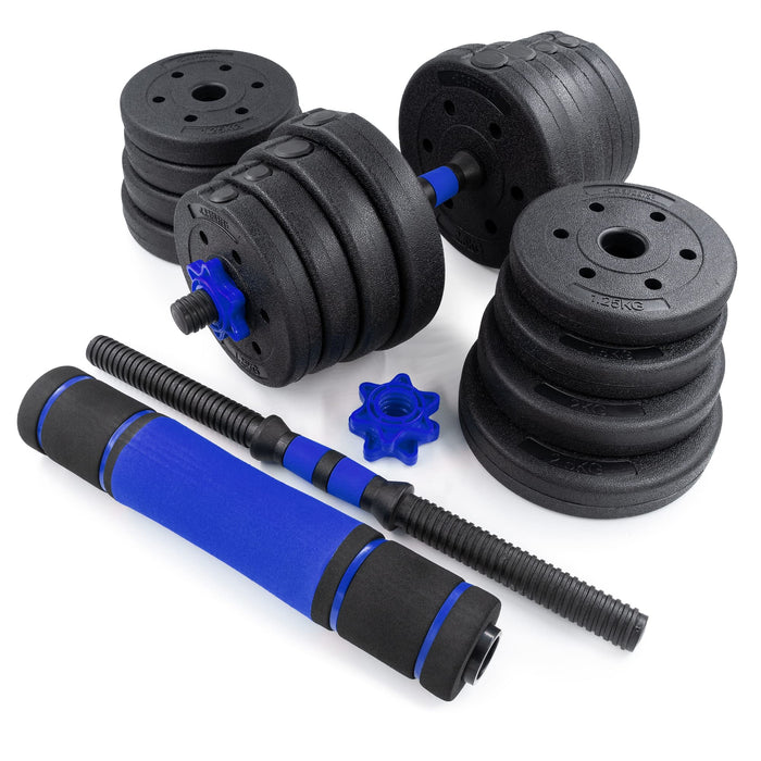 C.P.Sports 2in1 Zestaw hantli i sztang 30kg | 4x 1,25kg - 4x 1,5kg - 4x 2,0kg - 4x 2,5kg - 2x uchwyty | plastikowe talerze do ćwiczeń siłowych, fitness, domowej siłowni | 4 kolory