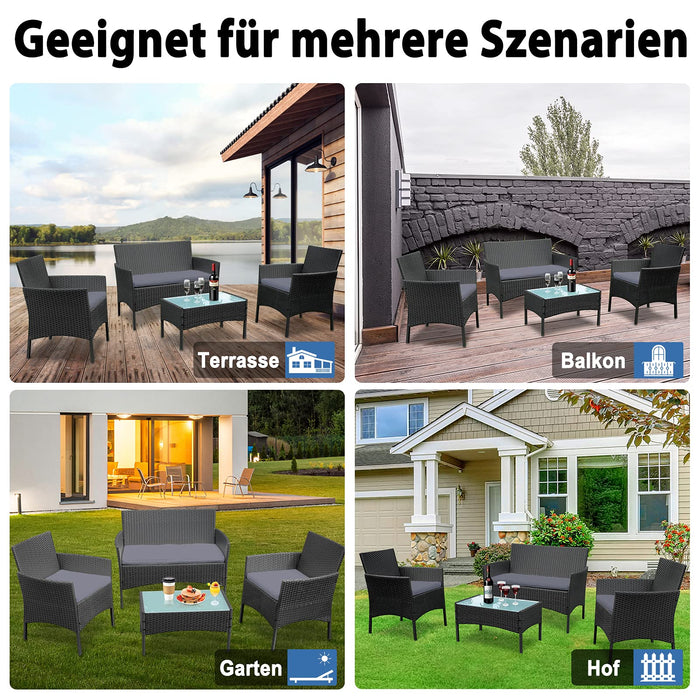 LARS360 Zestaw mebli ogrodowych z polirattanu, zestaw wypoczynkowy ze stołem, sofą, 2 krzesłami i poduszkami do siedzenia, zestaw mebli balkonowych dla 4 osób, do ogrodu, na taras