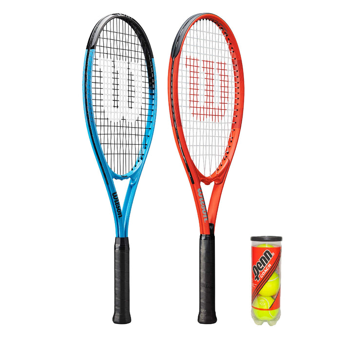 2 x rakiety tenisowe Wilson XL (niebieski i czerwony) i 3 piłki tenisowe