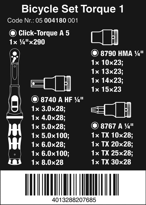 Wera 05004180001 Torque 1, zestaw kluczy dynamometrycznych do roweru, 16-częściowy