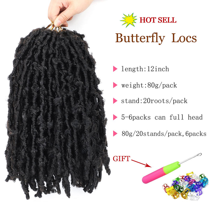 Butterfly Locs szydełkowane włosy 30,5 cm, 6 opakowań, wstępnie zapętlone, postarzane szydełkowane warkocze, syntetyczne przedłużki włosów (30,5 cm, 1B)