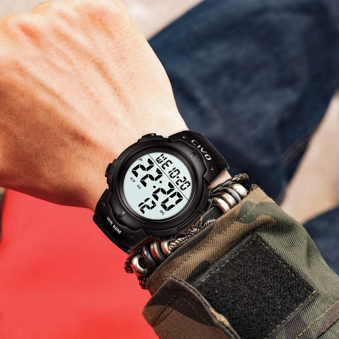 CIVO Zegarek męski, cyfrowy zegarek męski, sportowy, outdoorowy, 50 m, wodoszczelny, duży cyferblat, zegarek taktyczny, męski, podświetlenie tła LED, cyfrowy zegarek na rękę z budzikiem/kalendarzem/stoperem