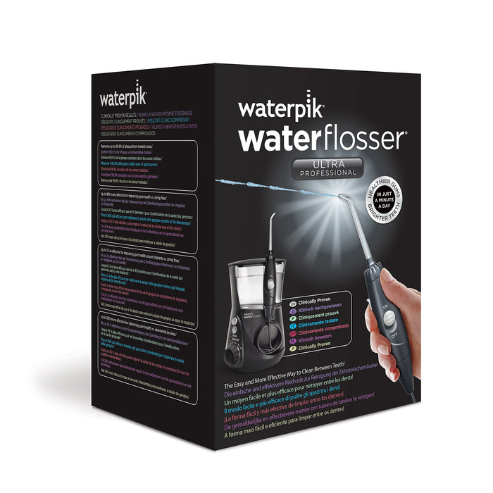 Waterpik Ultra Professional Waterflosser stały irygator do ust z 7 końcówkami, zakres ciśnienia od 0,7 do 7 bar regulowany za pomocą 10 ustawień ciśnienia, zintegrowany timer, czarny (WP-662EU)